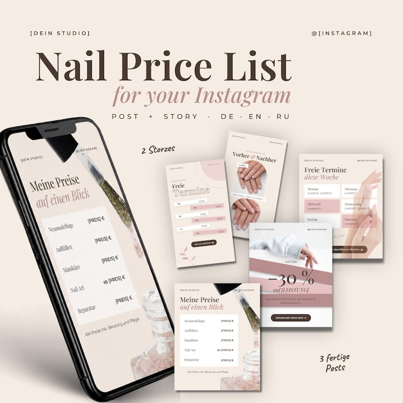 以下が含まれることがあります： ネイル価格リスト用のデジタルテンプレートセット。スマートフォンには「Nail Price List」、「Meine Preise auf einen Blick」、「Freie Termine」などのテキストを含むメニューが表示されています。デザインはニュートラルなカラーパレットと柔らかなピンクのアクセントを使用しています。