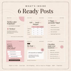 Puede incluir: Un conjunto de seis plantillas para redes sociales con un esquema de color beige claro y rosa suave. Los gr&aacute;ficos presentan contenido educativo sobre el cuidado de las u&ntilde;as, incluyendo temas como mito o verdad, gel frente a acr&iacute;lico y listas.