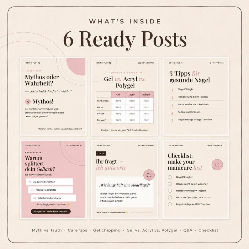 Puede incluir: Un conjunto de seis plantillas para redes sociales con un esquema de color beige claro y rosa suave. Los gr&aacute;ficos presentan contenido educativo sobre el cuidado de las u&ntilde;as, incluyendo temas como mito o verdad, gel frente a acr&iacute;lico y listas.