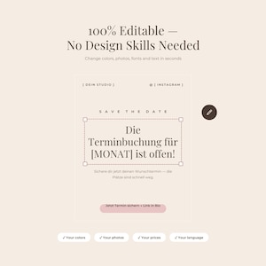 Demonstration of how editable the nail studio Instagram templates are, headed one hundred percent editable, no design skills needed. Arrows and callouts point to the parts that can be changed: headline and body text, colour palette, and photo frames where a nail technician drags in her own images. Everything is built with free Canva elements and fonts, so no Canva Pro subscription is required.