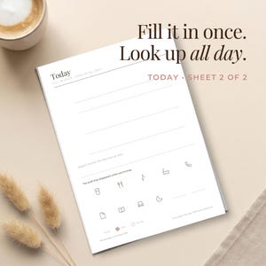 Close-up of the undated Today sheet: wide ruled lines with a note saying biggest one first, then a row of thin line icons for the stuff that disappears when you are busy - water, food, moving, a bath, a call - and a not yet, done, let it go key.