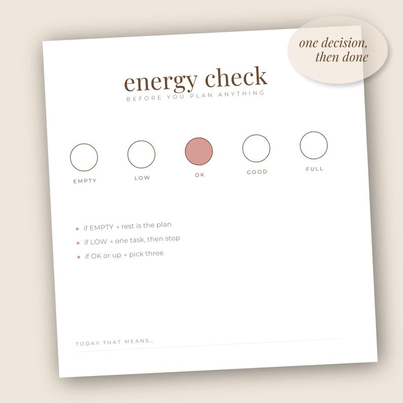 Close-up of the energy check sheet: a row of five circles marked empty, low, ok, good and full with the middle one filled in, and three short lines saying what to plan at each energy level before planning the day.