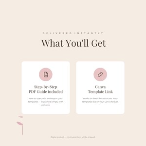 May include: A digital product information graphic with the text What You'll Get. It features two white squares with icons: a PDF icon for a Step-by-Step PDF Guide and a link icon for a Canva Template Link, detailing instructions for digital access.