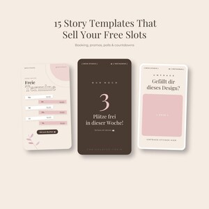 Instagram story templates for nail technicians shown as vertical phone-sized designs under the heading Fifteen Story Templates That Sell Your Free Slots. A dark umber story with a large numeral three sits in the centre, surrounded by lighter story layouts for open appointment slots, promotions and polls. The set is intended to fill last minute gaps in a nail studio's booking calendar.