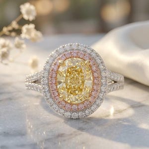 May include: An oval-cut yellow centre stone ring featuring a double halo design. The inner halo consists of small pink stones, while the outer halo and the split shank band are set with numerous small white stones in a metallic setting.