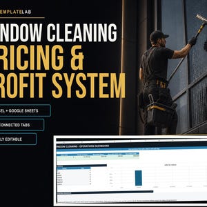 Pode incluir: Um modelo digital de sistema de preços e lucros para limpeza de janelas, compatível com Excel e Google Sheets, com dez abas conectadas e totalmente editável. O gráfico exibe o texto TRADETEMPLATELAB, WINDOW CLEANING PRICING & PROFIT SYSTEM e uma visualização de painel.