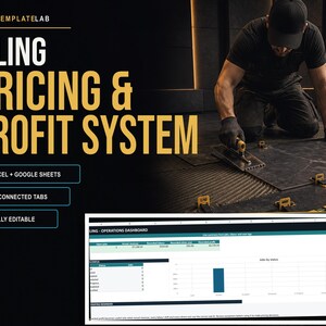 May include: A digital spreadsheet system titled Tiling Pricing & Profit System for Excel and Google Sheets. It features 10 connected tabs, is fully editable, and includes an operations dashboard with job status charts and financial data tables.