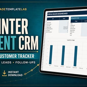 Peut inclure: Un modèle numérique de CRM et de tableau de bord des ventes pour Excel, intitulé Painter Client CRM, affiché sur un écran de tablette. L'interface comprend des tableaux KPI, des étapes de pipeline et un graphique à barres visualisant les prospects par étape.