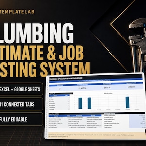 May include: A digital plumbing estimate and job costing system template for Excel and Google Sheets. The display shows a dashboard with financial data, job status charts, and 11 connected tabs. A metal pipe wrench and copper pipes are visible.