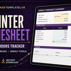 May include: A digital tablet displays a Painter Timesheet Excel hours tracker with a purple and white interface. The screen shows a Weekly Timesheet Summary, including fields for employee name, hourly rates, weekly totals, and an approval section with signature lines.