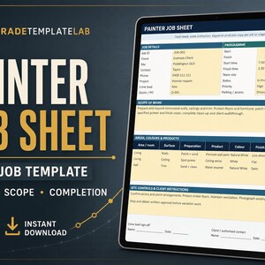 May include: A digital painter job sheet Excel template displayed on a tablet screen. The document includes sections for job details, programme, scope of work, areas, colors, products, and site controls with fields for client and crew information.