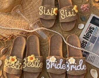 Personalized Linen Slippers, Custom Name Beach Slides, Bridesmaid Gift, Boho Braided Sandals