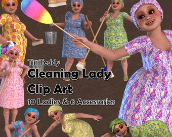 Cleaning Lady Clipart - 10 High Res Ladies Plus Cleaning Accessories - Cleaning Clip Art for Crafting Printable Spring Clean Clip Art