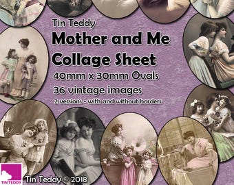 Mother and Me Printable Ovals Digital Collage Sheet  - 40mm x 30mm ovals  - 36 different images - Mum and child mummy mommy mother's day