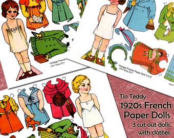 Vintage 1920 French Paper Dolls Digital Collage Pages - 3 Printable Dress Up Dollies & Lots of Clothes Big Paper Dolls Digital Dolls Dressup