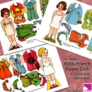 Vintage 1920 French Paper Dolls Digital Collage Pages - 3 Printable Dress Up Dollies & Lots of Clothes Big Paper Dolls Digital Dolls Dressup