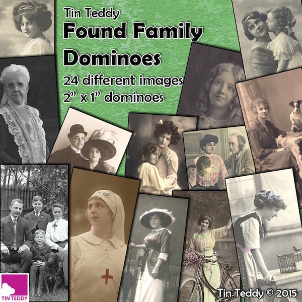 Found Family Photos Dominoes Digital Collage Sheet  - 2" x 1" domino size tags  x 24 - Mixed Media images for crafting projects