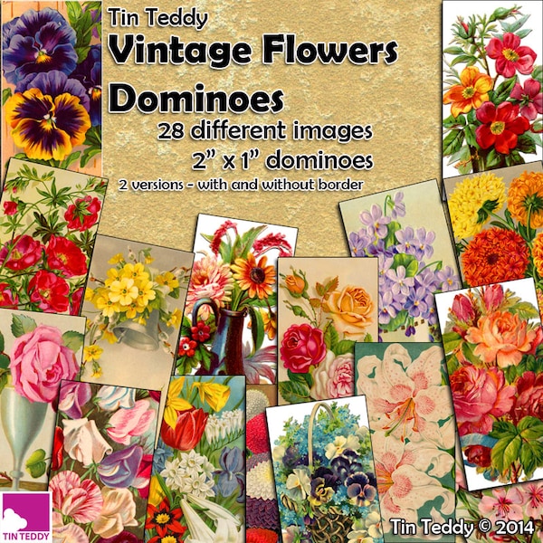 Vintage Flowers Dominoes Digital Collage Sheet  - 2" x 1" domino size tags  x 28 - Great for scrapbooks, card making, tags Instant Download