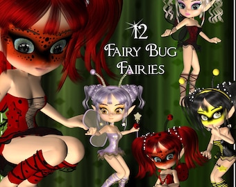 Fairy Bugs Digital Clip Art  - 12 Cute Toon Pictures for Scrapbooking, Card Making, Decoupage - Instant Download