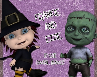 Digital Clip Art Frankie and Ezzie- cute spooky witch & monster images - scrapbooking card making halloween and other crafts