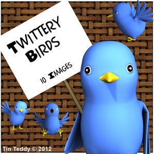 Twittery Birds Digital Clip Art - 10 Cute Blue Toon Birdies - Clipart Images for Scrapbooking, Card Making etc - Instant Download
