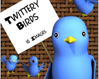 Twittery Birds Digital Clip Art 10 Cute Blue Toon Birdies 