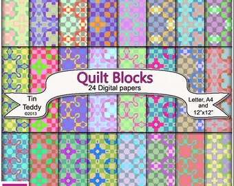Quilt Blocks Digital Paper - 24 Printable Backgrounds -  for Scrapbooking, Birthday Cards and other crafts