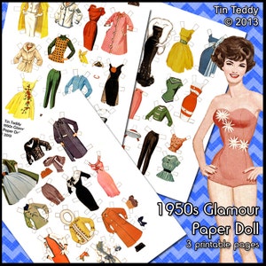 Feuilles de collage numérique Glamour Paper Doll des années 1950 - Poupée vintage imprimable avec beaucoup de vêtements
