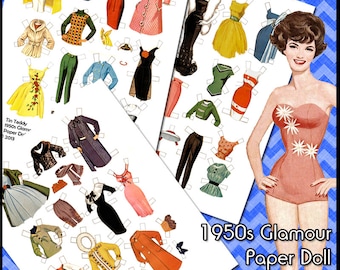 1950s Glamour Paper Doll Digital Collage Sheets - Printable vintage dress up doll with lots of clothes