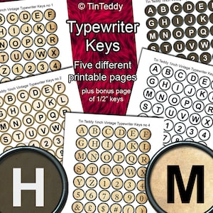 May include: Five printable pages of vintage typewriter keys, each page featuring a different set of letters, numbers, and symbols. The pages are designed in a black and white color scheme with a vintage aesthetic. The title "Typewriter Keys" is displayed in red text on a red background. The text "Five different printable pages" is displayed in black text on a white background. The text "plus bonus page of 1/2" keys" is displayed in black text on a white background.