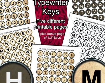 Typewriter Keys Printable Digital Collage Sheets  - 1 Inch Circles x 48  - 5 Vintage styles, ideal for bottle cap jewelry, scrapbooking, etc