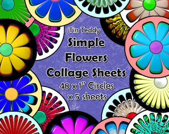 Simple Flowers Digital Collage Sheet  - 1 Inch Circles x 48  - Perfect for Jewelry, Bottle Caps etc Five Versions Included