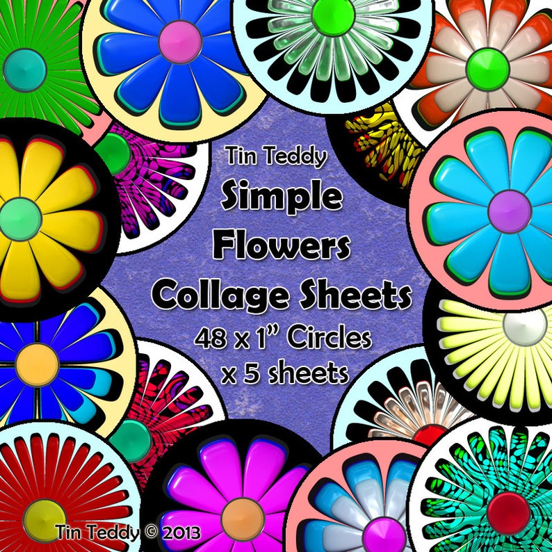 Simple Flowers Digital Collage Sheet 1 Inch Circles x 48 Perfect for Jewelry, Bottle Caps etc Five Versions Included image 1