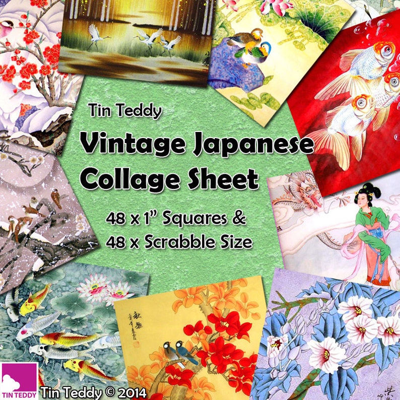 1 Inch Squares and Scrabble Sized .75 x .83 Printable for Jewelry /& Crafts Japan Vintage Japanese Artwork Digital Collage Sheet