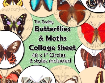 Butterflies and Moths Digital Collage Sheet  - 1 Inch Circles x 48 , Butterfly Circles For Jewelry, Bottle Caps etc Instant Download