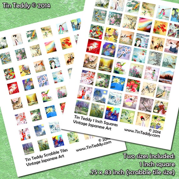 1 Inch Squares and Scrabble Sized .75 x .83 Printable for Jewelry /& Crafts Japan Vintage Japanese Artwork Digital Collage Sheet