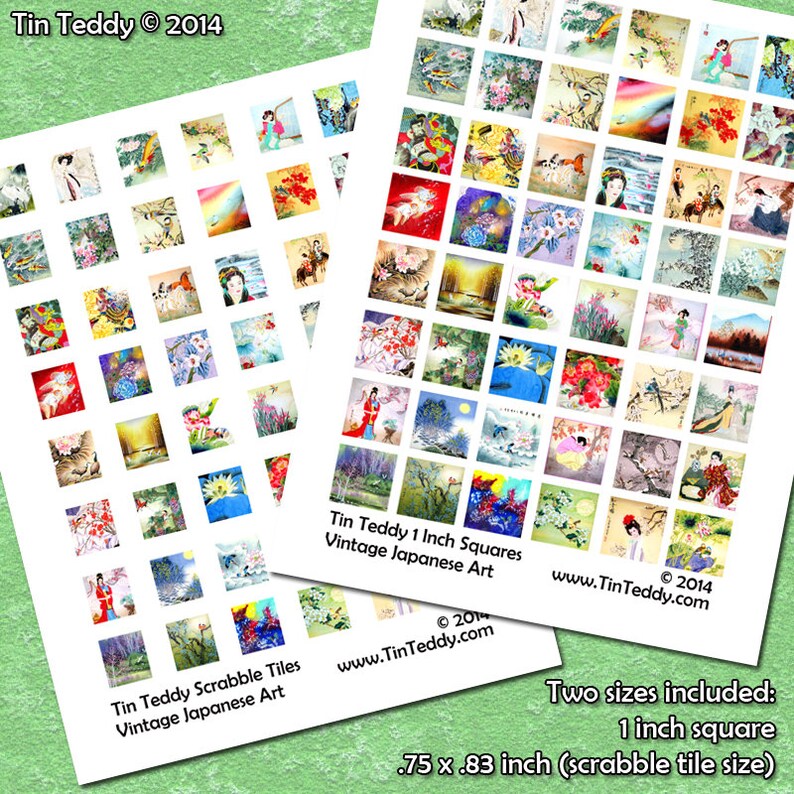 1 Inch Squares and Scrabble Sized .75 x .83 Printable for Jewelry /& Crafts Japan Vintage Japanese Artwork Digital Collage Sheet