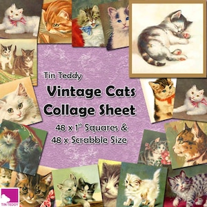 Puede incluir: Una hoja de collage con 48 imágenes vintage de gatos. La hoja incluye 48 cuadrados de 2,5 cm y 48 imágenes del tamaño de un Scrabble. Las imágenes son de varios colores y representan gatos en diferentes poses. La hoja se titula "Tin Teddy Vintage Cats Collage Sheet".