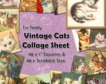 Vintage Cats Digital Collage Sheet  - 1 Inch Squares and Scrabble Sized .75" x .83" Printable for Jewelry & Crafts