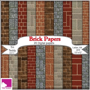 Può includere: Un pacchetto di carta digitale con 20 design a tema mattoni in vari colori, tra cui rosso, marrone e grigio. L'immagine mostra il testo "Brick Papers" e "20 Digital papers". Disponibile nei formati Letter, A4 e 12"x12" (circa 30,5 cm x 30,5 cm).