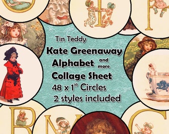 Vintage Children Alphabet Digital Collage Sheet  - 1 Inch Circles x 48  - Perfect for Jewelry, Bottle Caps etc Instant Download