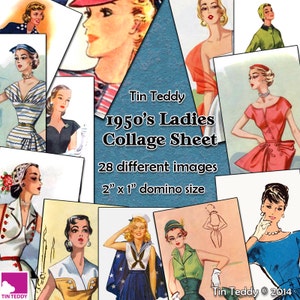 1950s Ladies Dominoes Digital Collage Sheet  - 2&quot; x 1&quot; domino size tags  x 28 - Great for scrapbooks, card making, tags Instant Download