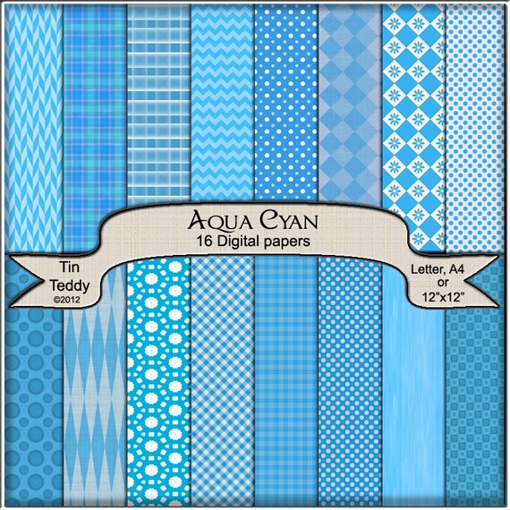 Digital Paper Aqua Cyan Coordinated Printable Backgrounds