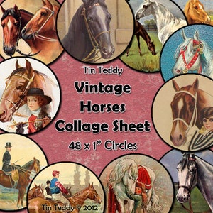 Vintage paarden digitale Collage blad - 1 Inch cirkels van de Horse x 48, voor fles Caps enz, paard en Pony kunst