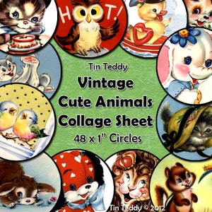 Vintage Cute Animals Digital Collage Sheet  - 1 Inch Animal Circles x 48, for Bottle Caps etc, Instant Download, printable circles