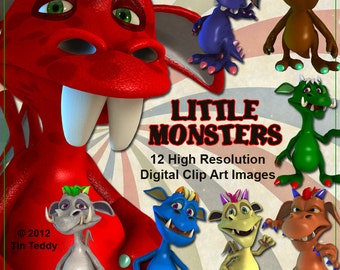 Little Monsters Digital Clip Art 12 cute printable images of cartoon monsters Instant Download Monster Clip Art Toon Monsters