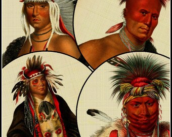 Native American Chiefs - 2 Inch Circles / Cupcake Toppers Mirrors etc - Indian Braves Digital Collage Sheet