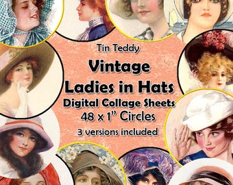 Vintage Ladies in Hats Printable Digital Collage Sheet  - 1 Inch Circles x 48  - Perfect for Jewelry, Bottle Caps etc