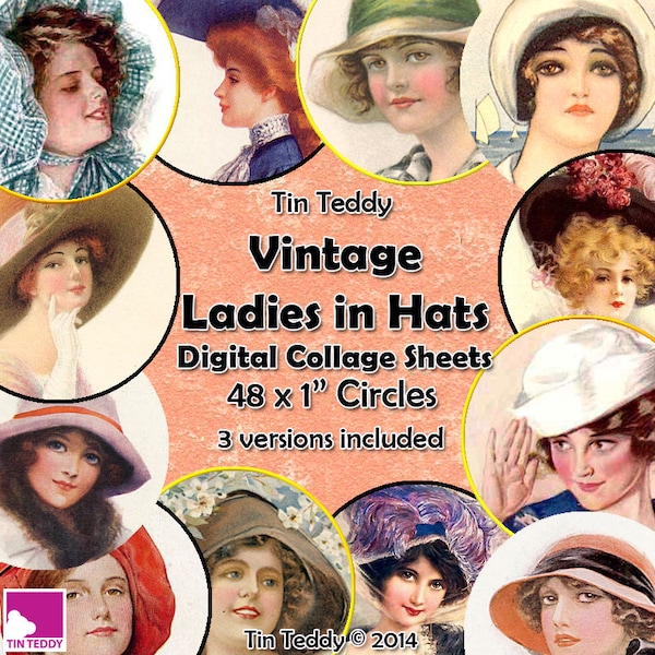 Vintage Ladies in Hats Printable Digital Collage Sheet  - 1 Inch Circles x 48  - Perfect for Jewelry, Bottle Caps etc