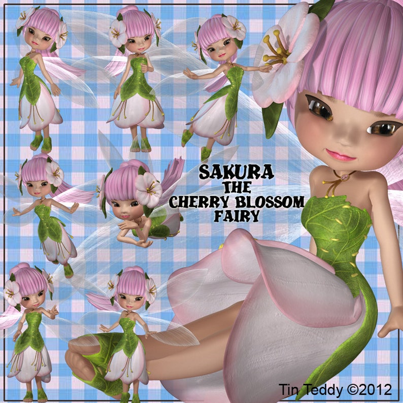 Sakura Cherry Blossom Fairy Digital Clip Art for Scrapbooking, Card Making, Decoupage Instant Download image 1